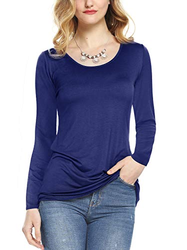 Amoretu Women's Casual Plain Long Sleeve T Shirts Scoop Neck Tee Tops Solid Color Navy M