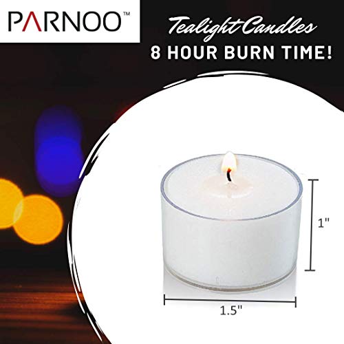 8 Hour Long Burn Tea Light Candles with Clear Cup Pack of 72 White Unscented Tealights in