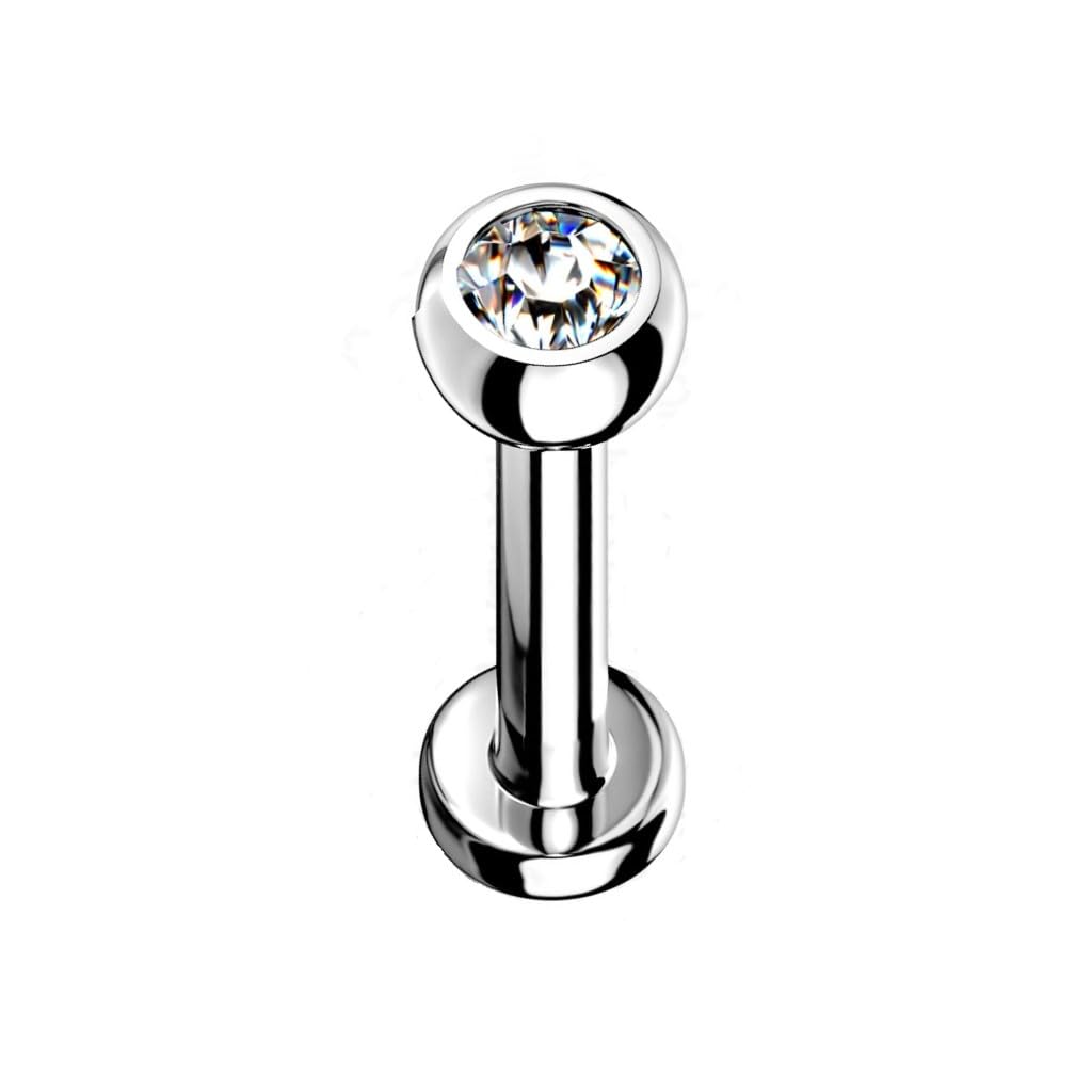 PiercedOff Titanium Labret with Internally Threaded Clear CZ Gem Ball - Thickness 16GA (1.2mm) / Length 12mm / Ball Size 3mm