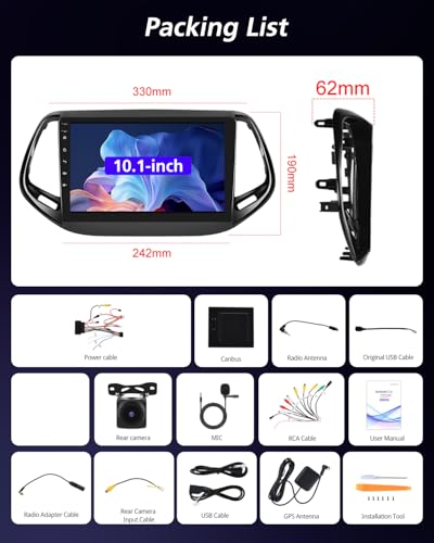 NHOPEEW Qualcomm 8 Core 4+64G Autoradio per Jeep Compass 2017-2021 - 10 pollici Radio Supporto Carplay&Android Auto 5G Wifi&GPS DSP 3D Auto Mondel Display Ventola di raffreddamento