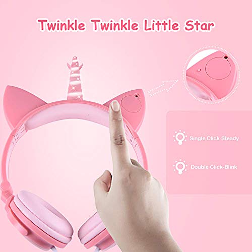 LOBKIN Cuffie unicorno per bambini/ragazze, orecchie di gatto luminose con LED, cuffie cablate regolabili con volume 85dB per tablet/giocattoli/PC/TV/telefono (rosa)