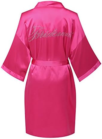 KimonoArt Satin Rhinestone Short Kimono Robe for Bridesmaid Hot-Pink XS