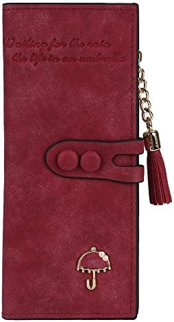 Women's Matte Leather Wallet Clutch Long Purse with Tassel Zipper/ Button snaps/ Card slots / Cash pocket Fashion Elegant Handbag (Wine red)