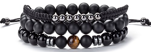 Hamoery Men Women 8mm Lava Rock Wrap Bracelet Braided Rope Natural Stone Stack Bracelet Bangle Set(Set 1)