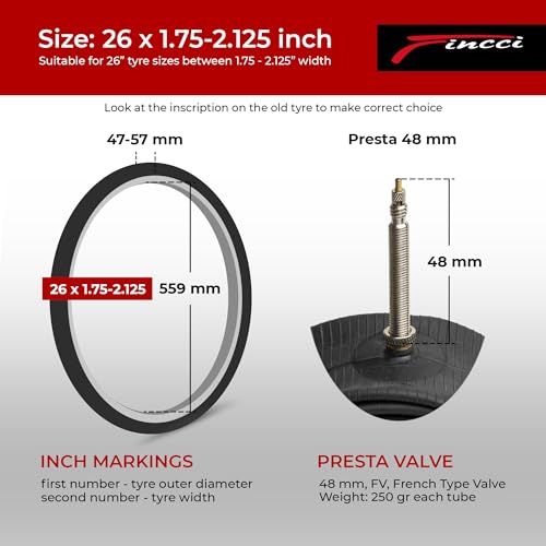 Fincci 26 x 1.75 x 1.95 x 2.00 x 2.1 Pair of Inner Tubes 26 MTB – for Mountain Road Bike MTB Hybrid Men Bicycles – Presta Inner Valve 48 mm – Pack of 2