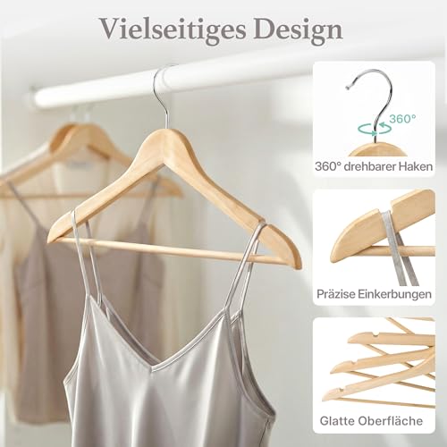 HOUSE DAY Wooden Clothes Hangers, Pack of 20, Natural Wooden Clothes Hangers with 360° Rotating Hook & Non-Slip Notches, Sturdy Wooden Hangers for Jackets, Shirts & Coats - Clothes Storage