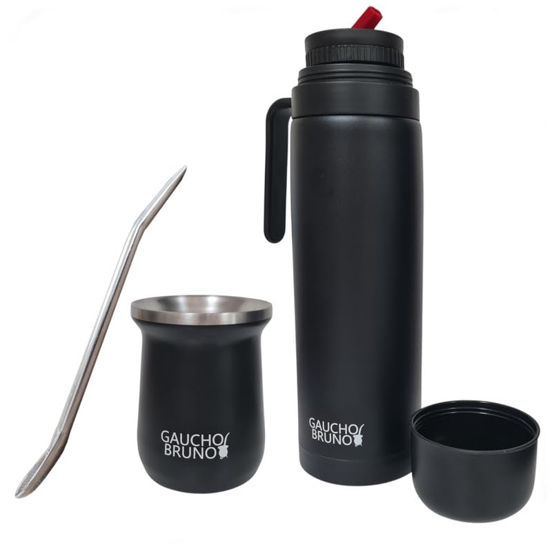Gaucho Bruno - Stainless Steel Industrial Kit for Drinking Yerba Mate, Bombilla Straw and 1 Litre Easy to Clean | Comfortable to Hold | Warm for Longer, Black — image 1