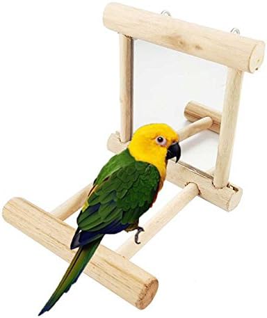 Qin Squre Mirror Wooden Frame Durable and Good Quality Perch with Mirror for Parrot Cockatiels Conures Small and Medium Birds