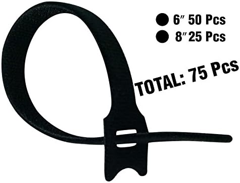 Cambridge ZipIts Reusable Fastening Hook and Loop Cable Ties 75 Pack Assortment 25 Pieces 8-in Black, 50 Pieces 6-in Black