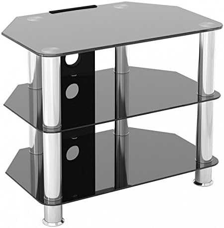 mahara Glass Corner TV Stand, Universal Black Glass TV Unit 60cm wide with Glass Shelves and Cable Management