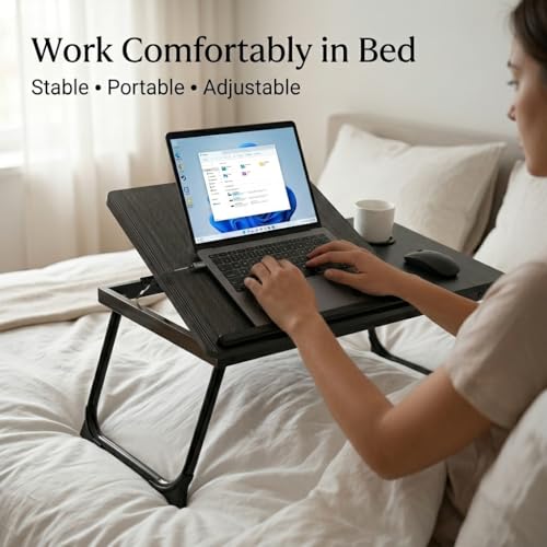 Foldable Laptop Desk for Bed Couch, Adjustable Lap Desk with Cup Holder, Portable Small Bed Tray Table for Laptop, Writing, Reading