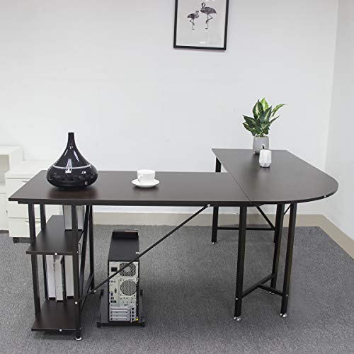 L Shaped Computer Desk - Bizzoelife Large Corner Desk Gamer Laptop Table 67" + 59” with CPU Stand Storage Shelf for Home Office Working Studying Gaming (Coffee)