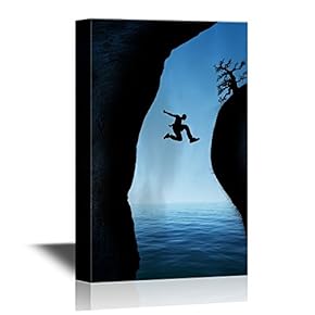 Extreme Sport Canvas Wall Art - Man Jumping Between Cliffs Crazy Parkour - Gallery Wrap Modern Home Art | Ready to Hang - 12x18 inches
