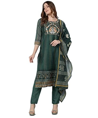 Bani Women Chanderi Kurti Pant Dupatta Set Embroidered Neck Indian