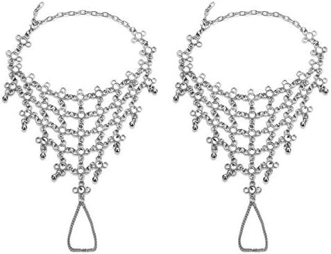 2 PCS Crystal Beach Wedding Foot Jewelry Barefoot Sandals Toe Ring Boho Anklet with Multi Tassel