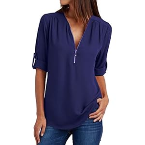 PADOLA Dames V-hals chiffon blouse shirt verstelbare mouw rits casual effen kleur tops