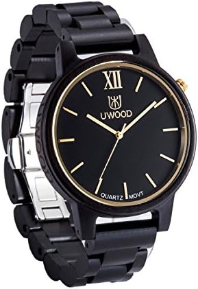 Wooden Wrist Watch for Men Basic Black Dial Ebony Wood Band Japan Quartz Movement (Black)