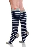 VIM & VIGR Women's 15-20 mmHg Compression Socks: Nautical Stripes - Blue & Lavender (Nylon) (Small)