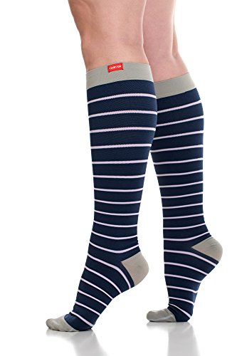 VIM & VIGR Women's 15-20 mmHg Compression Socks: Nautical Stripes - Blue & Lavender (Nylon) (Small)