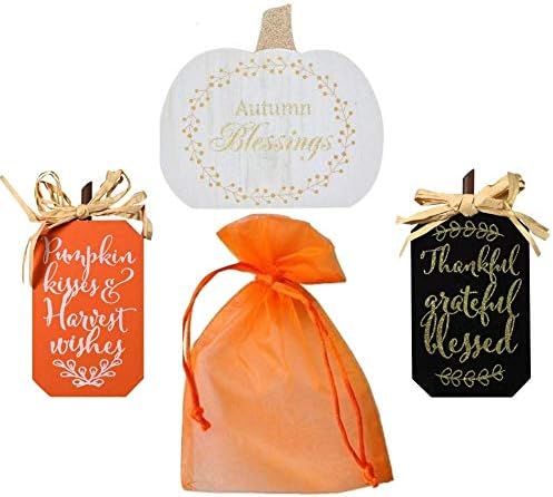 Fall Décor bundle of three for Home, Office, Business or Classroom – includes three miniature tabletop fall/autumn/harvest wooden signs each sign measures around 4 x 5 inches (White Pumpkin)