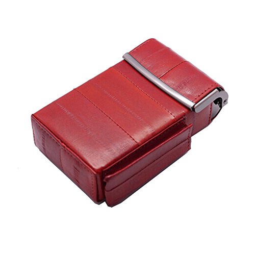 Automatic Rising Genuine Eel Skin Leather Sliding Cigarette Case with Lighter Holder (Red) - Thumbnail 4