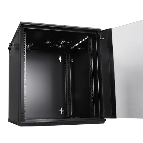 RackPath 12U Wall Mount Network Rack Cabinet – Quiet Cooling Fan, Locking Glass Door, 17.7" Deep (450mm), Removable Locking Side Panels, Fits 19" IT & A/V Equipment
