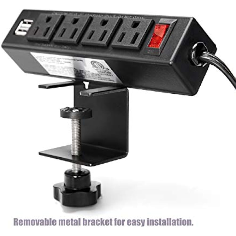 Desktop Clamp Power Strip 2 USB Ports, Removable Mount Tabletop Outlet