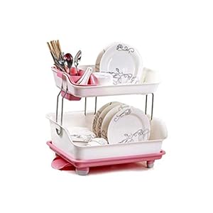 Prexo Kitchen 2 Layer Sink Dish Plate Drainer Drying Rack Wash Organizer with Tray Utensil Holder Basket (Tomato…