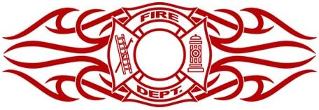 Sticky Creations - Design #165-01 Fire Dept. Shield Firefighter Rear Back Window Decal Sticker Vinyl Graphic Tribal Curls Swirls Tailgate Car Truck SUV Van Trailer | 36"x12" - Red