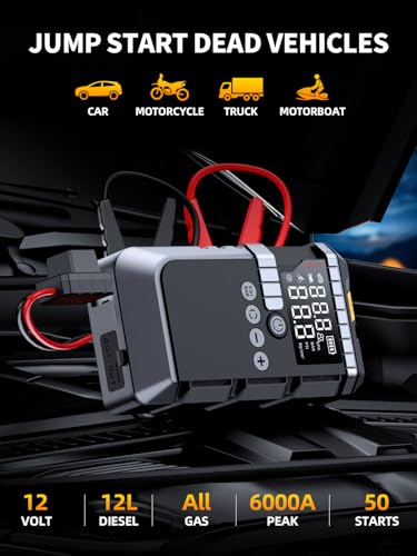 Car Jump Starter with Air Compressor, 6000A 160PSI Booster Pack(All Gas/12L Diesel), Battery Power Pack with Jump Cables, Car Battery Booster Jump Starter with Lights, Gloves
