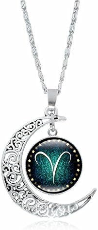 Galaxy Zodiac Necklace Silvery Crescent with Twelve Constellation Glass Dome Necklace 02 Aries