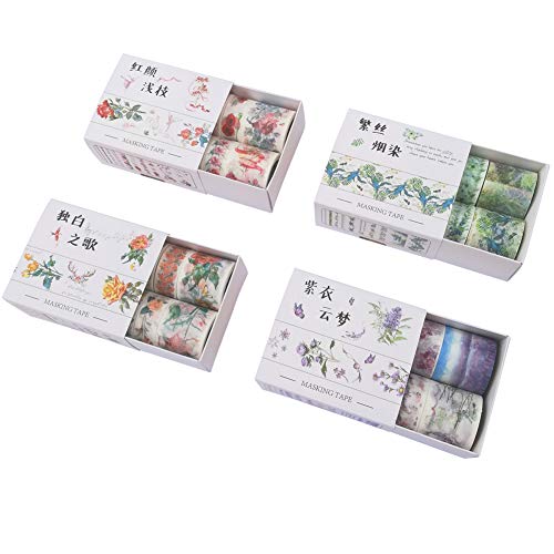 Vintage Floral Masking Tape Set (4 Box, Assorted 40 Rolls) Flower Plant Vine Decorative Label for Scrapbooking Journal Planner Album Diary Book (A)