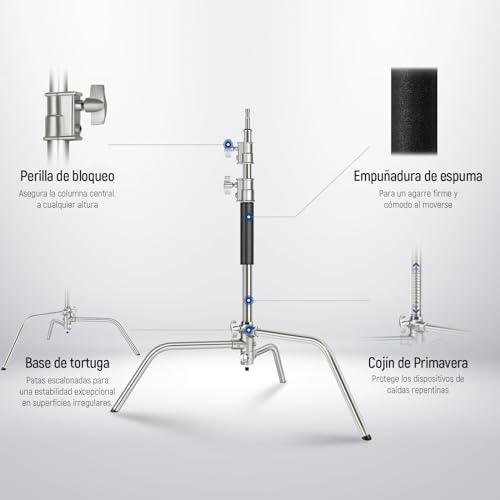 NEEWER Pro 100% Acero Inoxidable Resistente Soporte C con Brazo de Pluma, Altura Máx 68"/172cm Soporte de Luz Fotografía con Brazo 2.7ft/83cm, 2 Cabezales para Monoluz, Softbox, Reflector, SC172