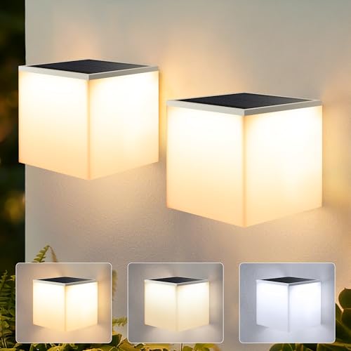 Luces Solares LED Exterior Jardin 2 Piezas Led Aplique Pared Exteriors, 3 Modos Temperatura de Color Luces Exterior Solares Para Muralla, Impermeable Luz Solar Exterior Para Cochera Terraza