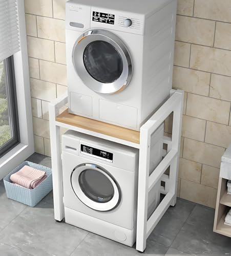 Dryer Stand Height Adjustable, Portable Stacking Kit for Front Loader Washing Machine & Tumble Dryer, Storage Rack Over Washing Machine Storage Unit, 400kg Load Capacity BlackFrame White