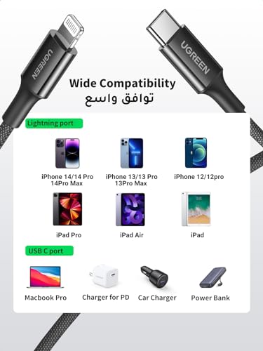 UGREEN iPhone Charger Cable 1M [MFi Certified] Lightning Cable Nylon Braided USB C to Lightning Wire 20W Fast Charing for iPhone 14/14 Pro/Plus /Pro Max, 8-13 All Series, iPad-Black
