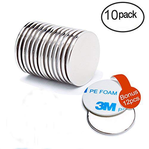 FEYG Neodymium Disc Magnets, 10Pcs Super Strong Rare Earth Magnets with 12Pcs Adhesive Backing, 1.26"D X 0.08"H for DIY Crafts, Fridge, Scientific Use
