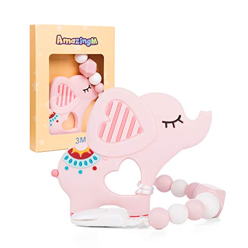 AmazingM Baby Teething Toys,Food Grade Silicone Elephant Teether Toy with Pacifier Clip Holder Set for Newborn Babies,BPA Free,Freezer Safe (Pink) - Thumbnail 7