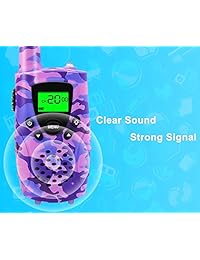 Walkie Talkies para niños, radio FAYOGOO de 22 canales FRS GMRS, radio recargable de 4 módulos, radios de dos vías para niños con linterna y pantalla LCD regalos Paquete de 2 unidades, color morado camuflaje.