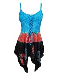 Mogul Womens Strap Top Tie -Dye Blue Embroidered Front Laces Blouse XS