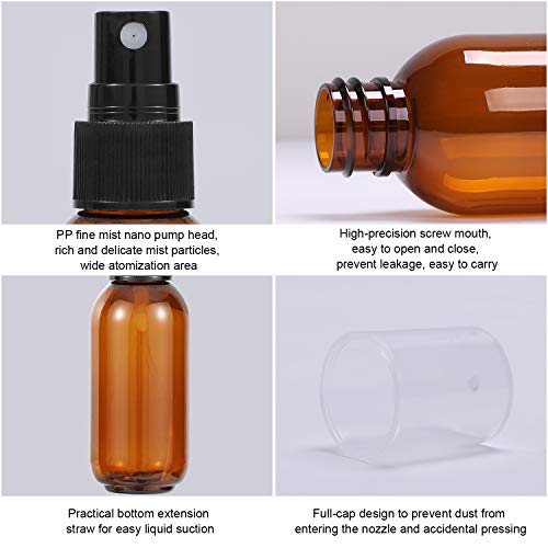 Empty Amber Plastic Spray Bottle for Water Essential Oils Perfumes with Fine Mist Nozzle&Dust Cap,Free 1 Dropper 1 Funnel 4 Sprinkler and 4 Sticker,Easy to Carry,2 PCS 1.7oz/50ml+2 PCS 3.4oz/100ml