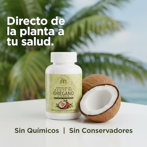 ORE Aceite de Orégano y Coco, 100 Cápsulas Softgel, 500 mg, Suplemento Natural, Orgánico, Aceite de Orégano con 80% Carvacrol y Aceite de Coco