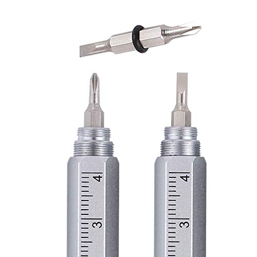 Shulaner 6 in 1 Small Metal Tech Tool Ballpoint Pens with Key Ring, Level, Stylus and Two-head Screwdriver, Multi functional Tool Fits for Mens Gift (Silver)