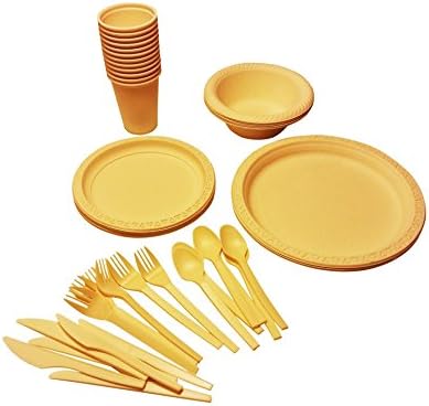 50 Ct Biodegradable, Microwavable, Natural Plates Set Made From Corn Starch 6 Ct 9" Dinner Plates, 8 Ct 7" Dessert Plates, 6ct 6" Bowls, 12ct 8 Oz Cups &18 Ct Cutlery Set 6 Forks, 6 Spoons, & 6 Knives