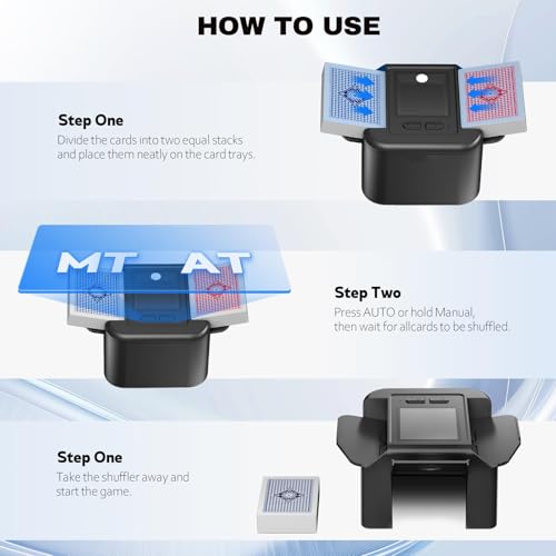 Dsocool Automatic Card Shuffler for 1-2 Decks, Dual Mode Card Shuffler with USB-C Rechargeable Battery, for UNO, Skip-Bo, Poker, Blackjack, Texas Hold’em, Party & Travel (Black)