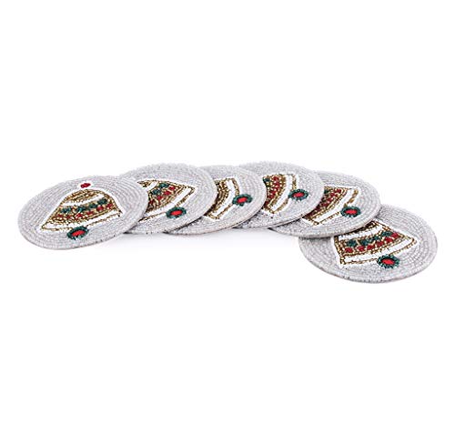 Christmas Bell Beaded Coaster 4 Inch - Tea Coaster, Coffee Coaster, Dinning Table Accessories, Decorative Home Decor, Wedding Decoration, Dining & Serving Party Decor Gift Art- Set of 6 - Silver Red