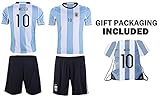 JerzeHero Argentina Messi #10 Kids Youth Soccer Gift Set ✓ Soccer Jersey ✓ Shorts ✓ Jersey Drawstring Bag ✓ Home or Away ✓ Short Sleeve or Long Sleeve (YL 10-13 yrs, Home Short Sleeve)