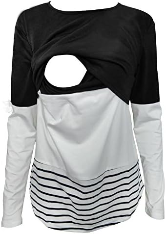 XCHQRTI Women's Maternity Long Sleeve Nursing Tops Back Lace Breastfeeding Shirts (M, Black)