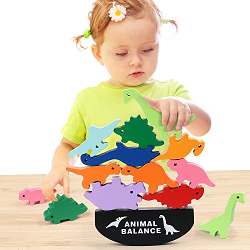 LotFancy Dinosaur Toys for Kids 3-7, Wooden Stacking Toys, Dinosaur Building Blocks for Boys Girls, Preschool Montessori Learning Toys