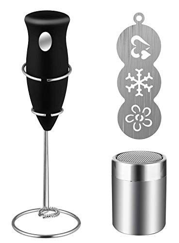 Coffee Art Set, Coffee Milk Frother Drink Mixer with Cocoa Chocolate Shaker and Art Stencils for Cappuccino, Coffee, Latte, Hot Chocolate, Cooking (Includes Mini Mixer Stand)